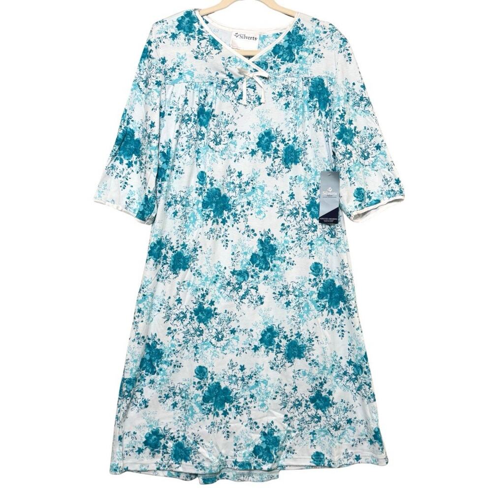 Silverts Adaptive Nightgown Open Back Floral Knit Teal White Women’s Large NWT